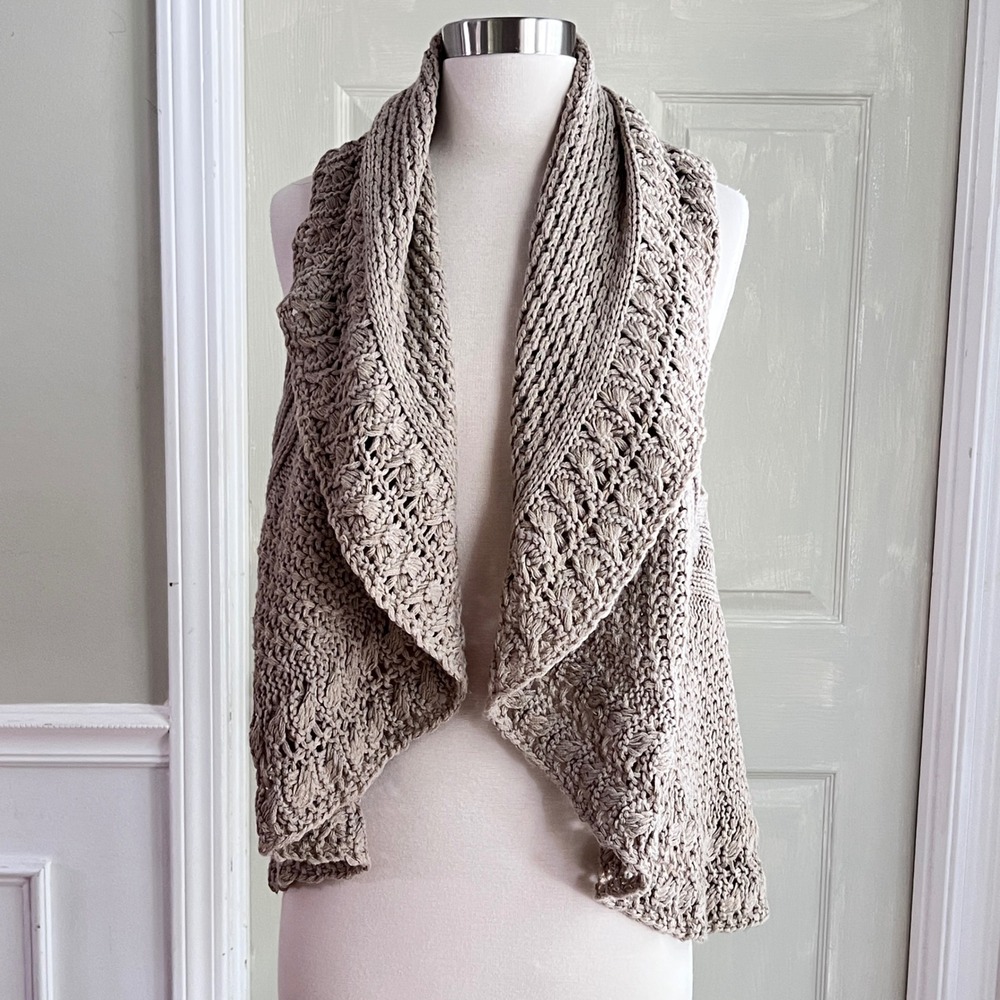 New Directions Sweater Vest PXL Womens Crochet Draped Open Front Taupe Boho Knit